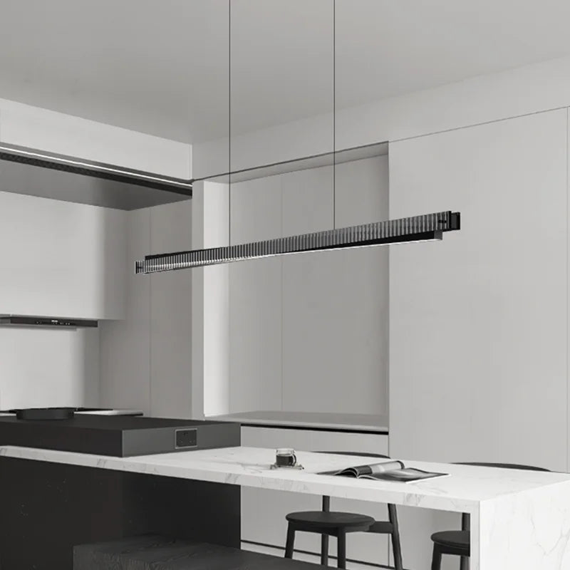 Designer chandelier in aluminum and glass, in the shape of a bar