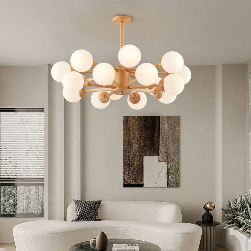 Nordic Wooden Chandelier with Decorative Glass Ball
