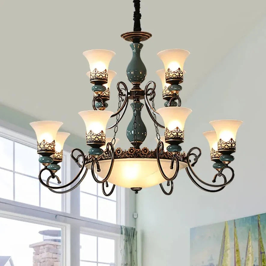 European Retro Ceramic Chandelier with Glass Shade