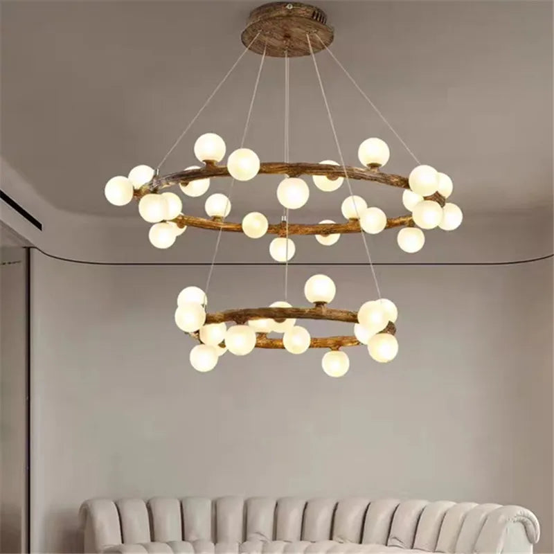 Retro wooden and glass tree branch chandelier