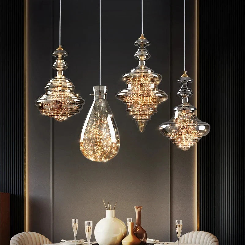 Designer copper chandelier with luminous crystals