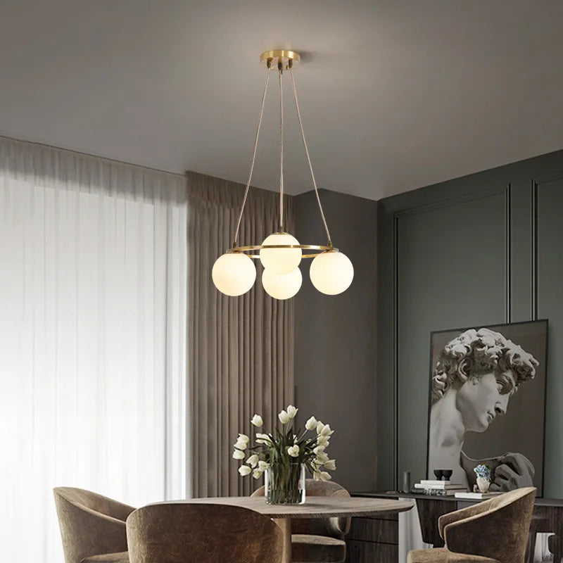 Nordic design 4-bulb glass and copper pendant chandelier