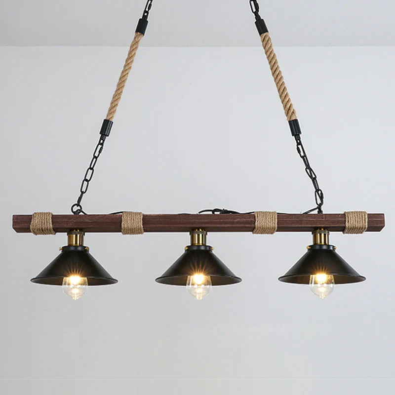 Vintage industrial solid wood chandelier with hemp rope