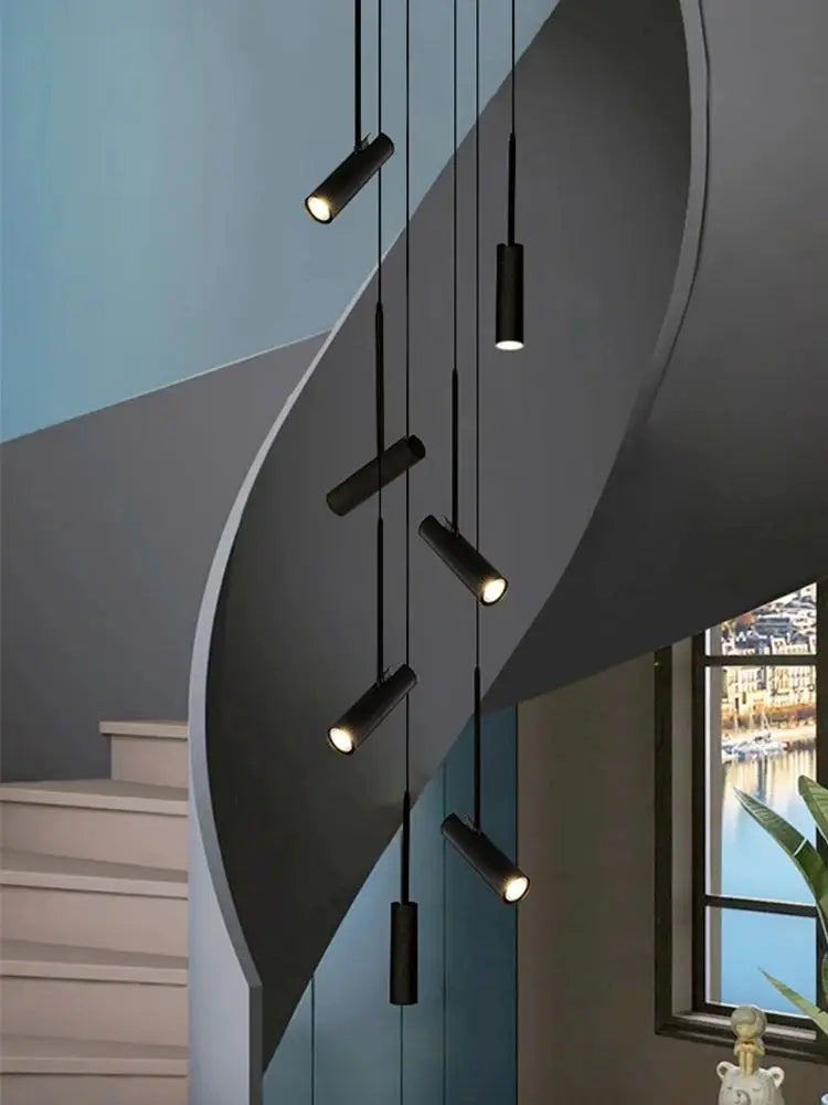 Cylindrical LED spot modern design pendant light Restaurant lighting black white minimalist staircase Long chandelier