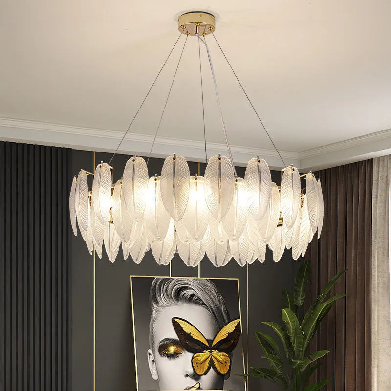 Modern luxury metal feather and glass chandelier