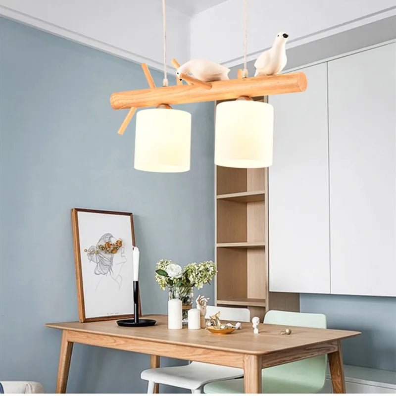 Nordic solid wood chandelier with birds for interior decoration
