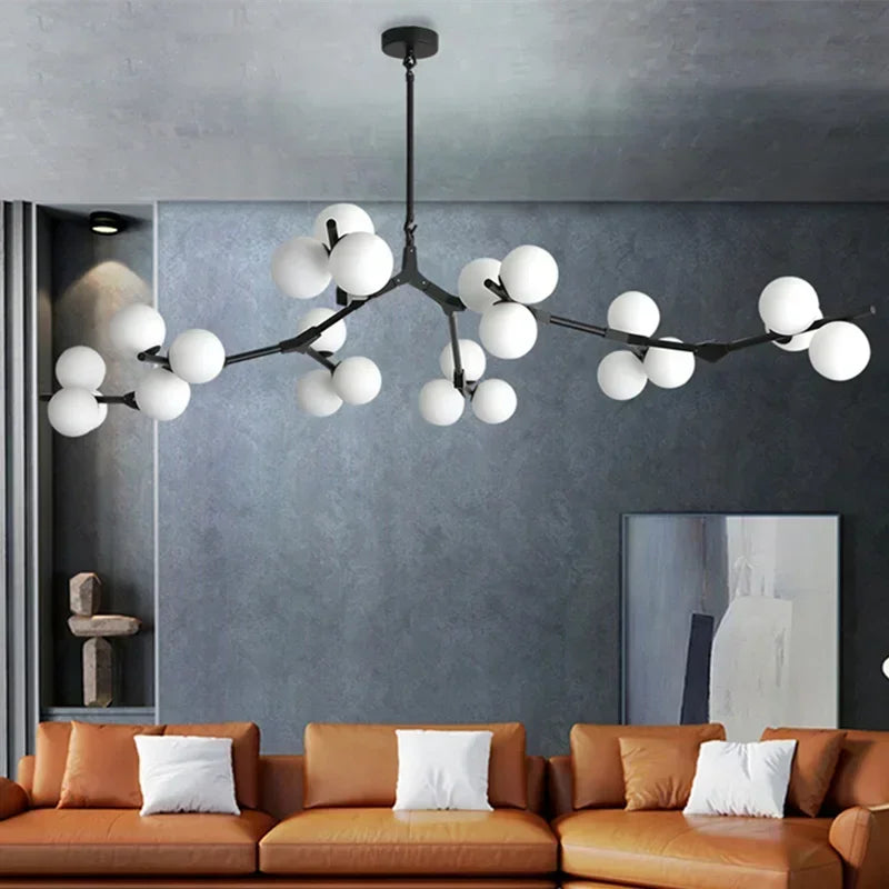 modern LED chandelier with tree branches and glass balls
