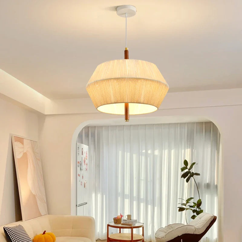 Vintage wooden and hemp rope chandelier for interior decoration