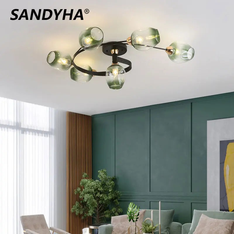 Nordic modern spiral glass and iron chandelier