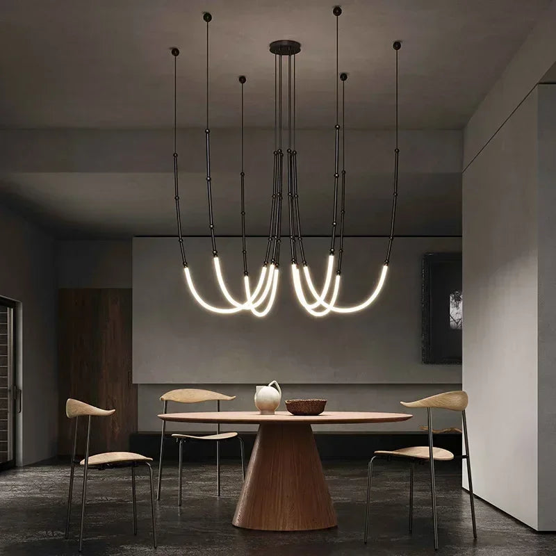 Modern bamboo, iron, and silicone chandelier with LED lights