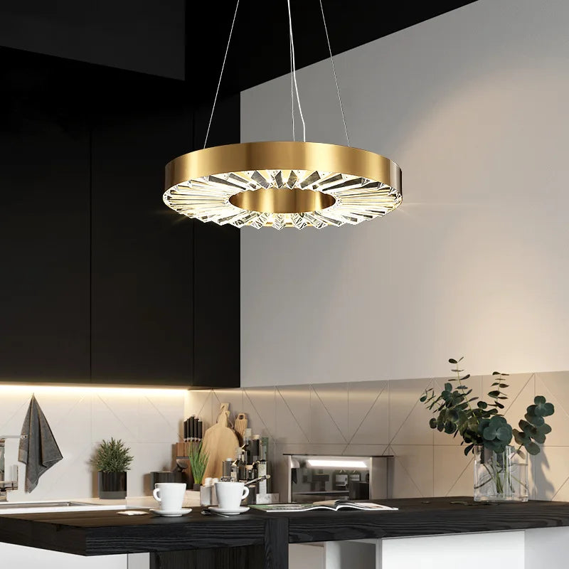 Modern design crystal chandelier in suspended gilded stainless steel