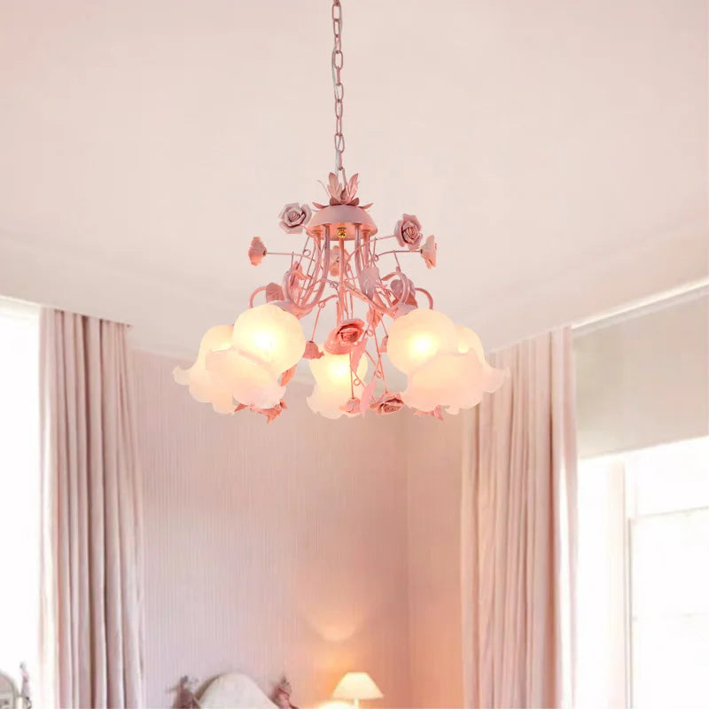 Pink chandelier for a bright and soft childish ambiance