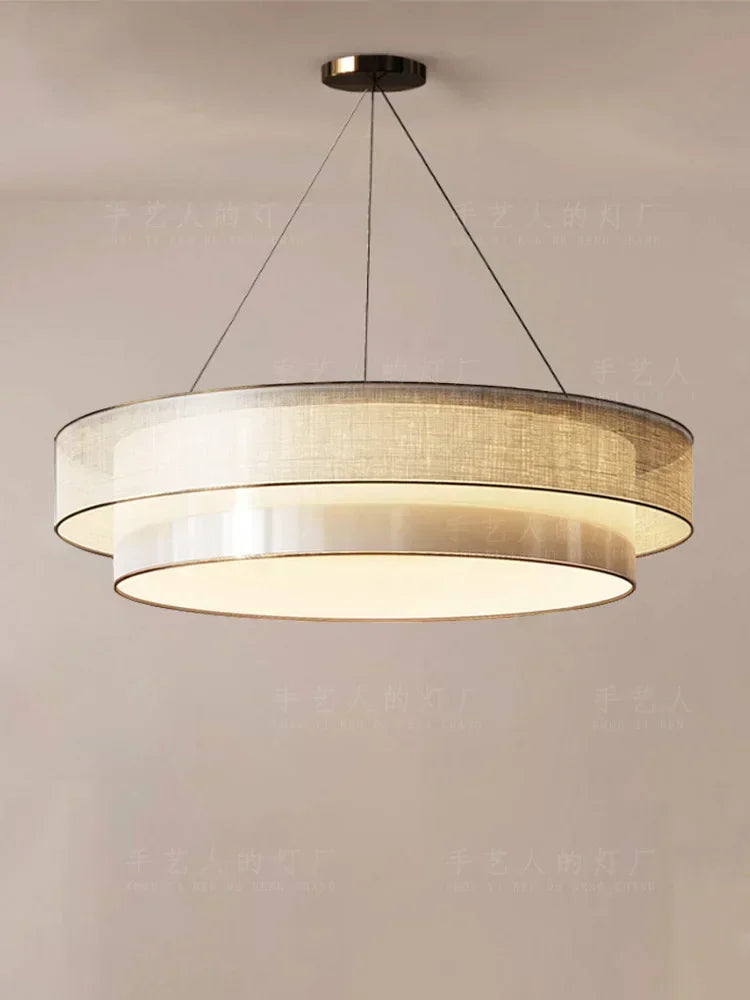 Circular Chinese Zen style chandelier with engineering fabric lampshade
