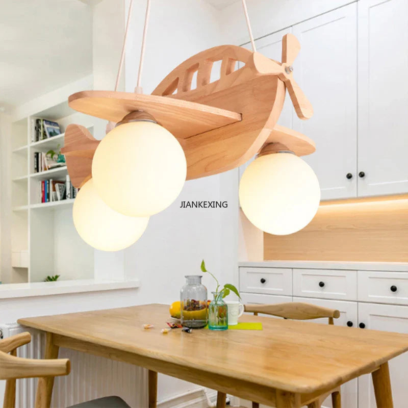 Modern LED wooden airplane chandelier for children's room
