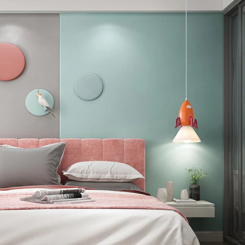 Cute rocket chandelier for decorative children's bedroom lighting
