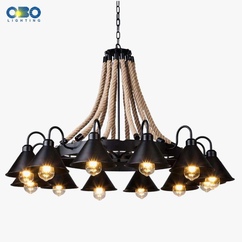 Vintage Hemp Rope Chandelier with Iron Shade for Bars and Cafes