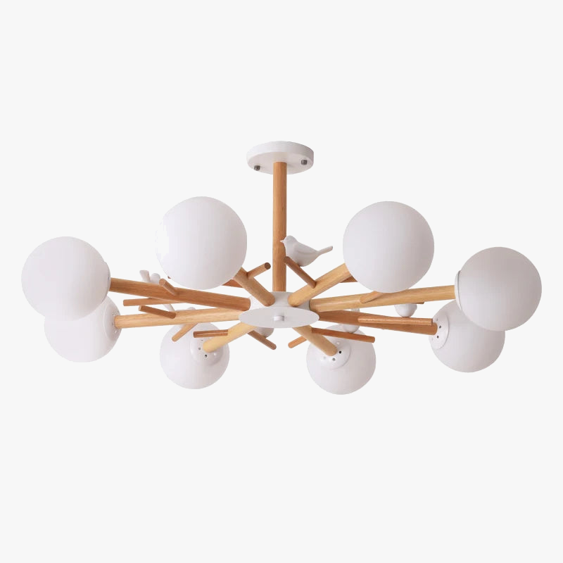 Modern natural wood chandelier with round glass shade
