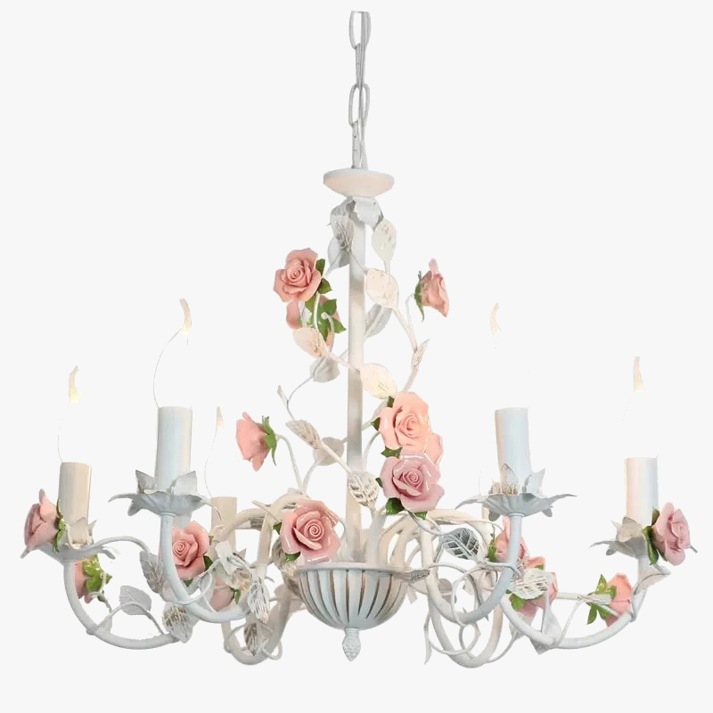 Wrought iron chandelier with romantic rose decor, pastoral flowers
