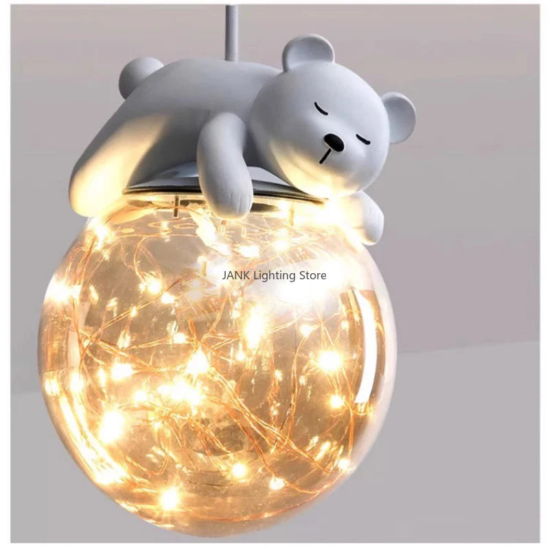 Children's LED chandelier with white bear and rabbit