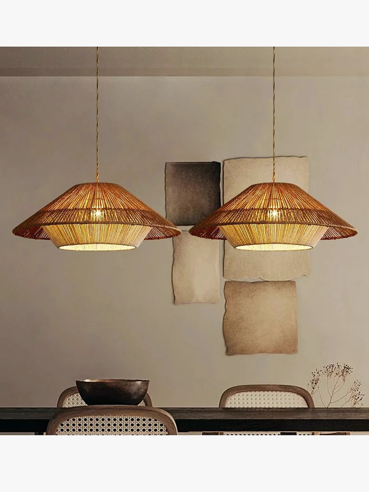 Vintage LED rope and woven rattan chandelier for interior decoration