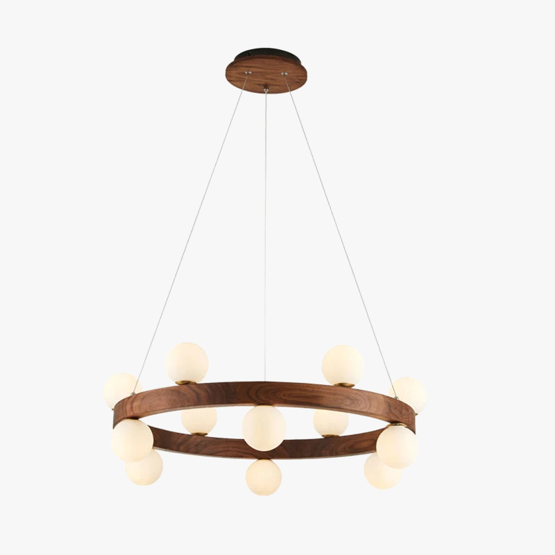Modern round walnut chandelier with LED glass bulbs