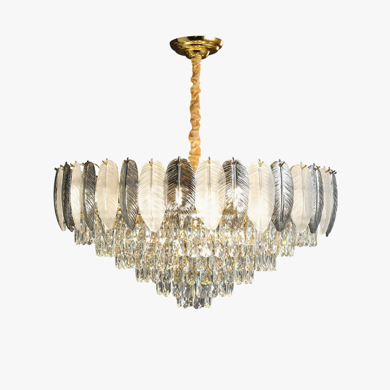 Art Deco LED pendant light with white and grey feathers