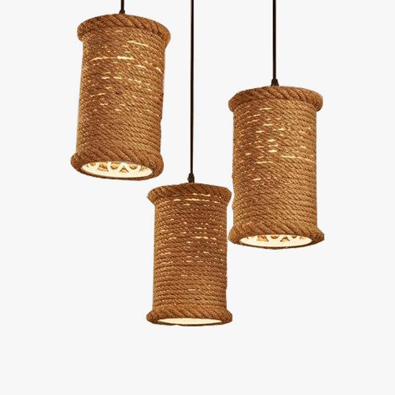 Retro LED pendant light with cylindrical rattan lampshade
